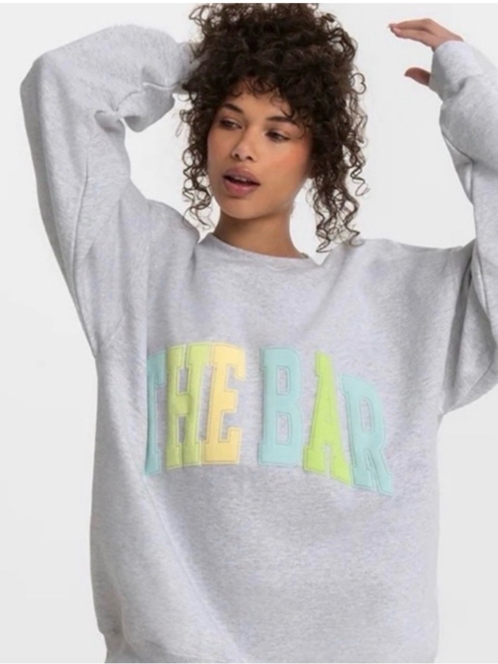 The Bar Light Gray Crewneck with Pastel Yellow & Aqua Lettering